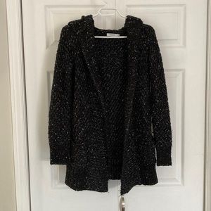Black knit cardigan sweater with hood